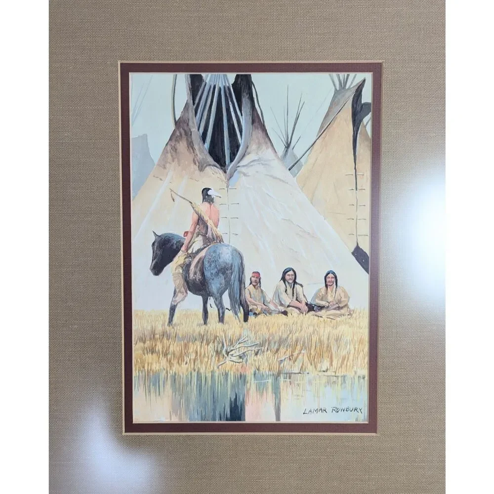 Original Watercolor Painting Lamar Rowbury Native American Horse Teepee Framed